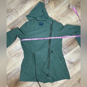 Limited Women's Assemetrical Green Hooded Jacket/Coat. Drawstring cinch waist